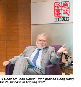 TI Chair Mr José Carlos Ugaz praises Hong Kong for its success in fighting graft. 