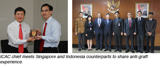 ICAC chief meets Singapore and Indonesia counterparts to share anti-graft experience.