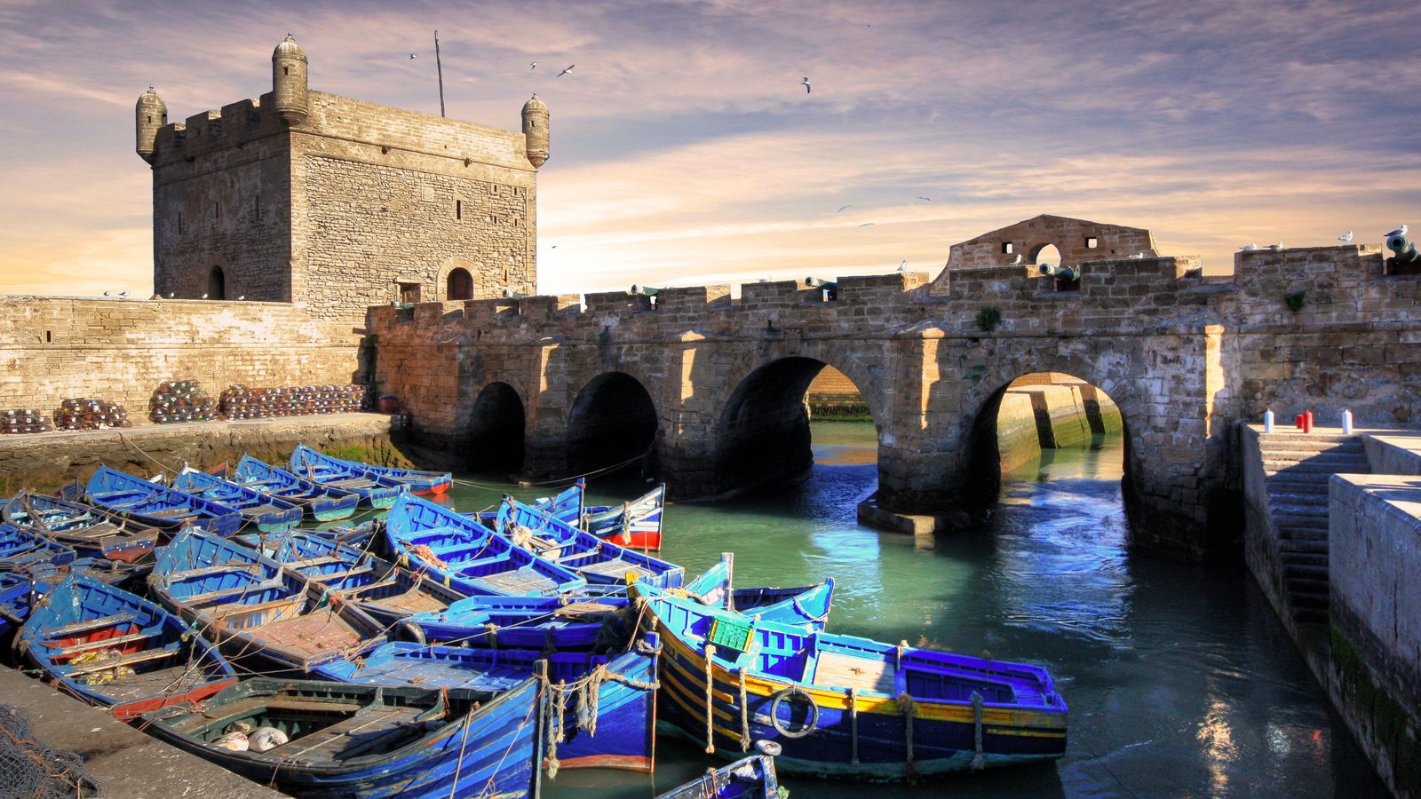 Essaouira harbor with blue fishing boats