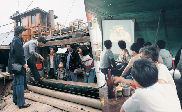 CRD officers visit boat people (left) and arrange film shows at factory canteen (right)