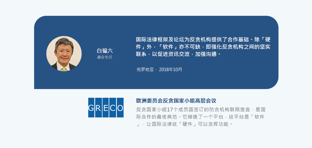 廉政专员白韫六，国际法律框架及论坛为反贪机构提供了合作基础。除「硬件」外，「软件」亦不可缺，即强化反贪机构之间的坚实联系，以促进资讯交流，加强沟通。克罗地亚，2018年10月。欧洲委员会反贪国家小组高层会议，反贪国家小组17个成员国签订的防贪机构联网宣言，是国际合作的最佳典范。它缔造了一个平台，这平台是「软件」，让国际法律这「硬件」可以发挥功能