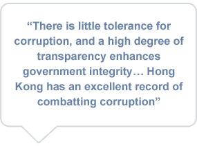 There is little tolerance for corruption, and a high degree of transparency enhances government integrity… Hong Kong has an excellent record of combatting corruption