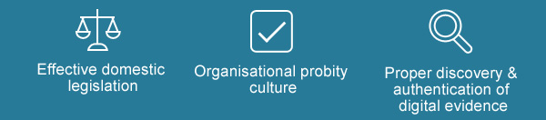 Effective domestic legislation & Organisational probity culture & Proper discovery & authentication of digital evidence