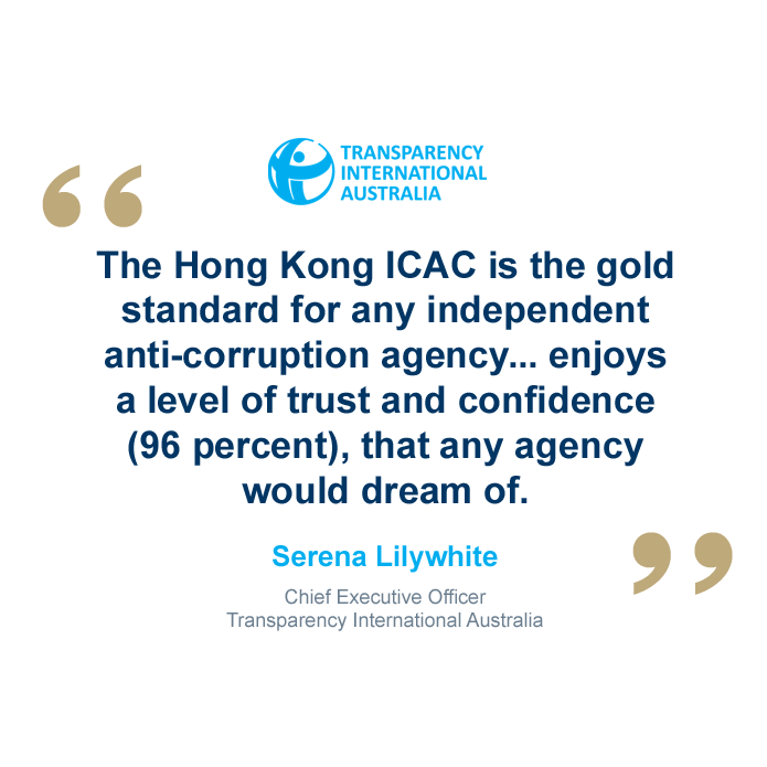 The Hong Kong ICAC is the gold standard for any independent anti-corruption agency... enjoys a level of trust and confidence (96 percent), that any agency would dream of