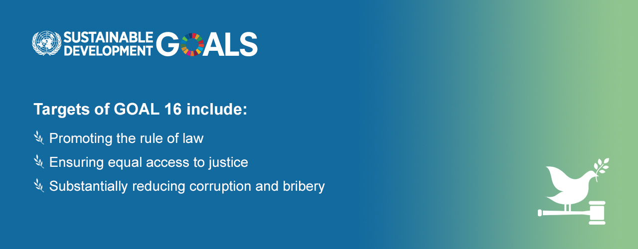 Sustainable development goals, Targets of GOAL 16 include:Promoting the rule of law, Ensuring equal access to justice, Substantially reducing corruption and bribery